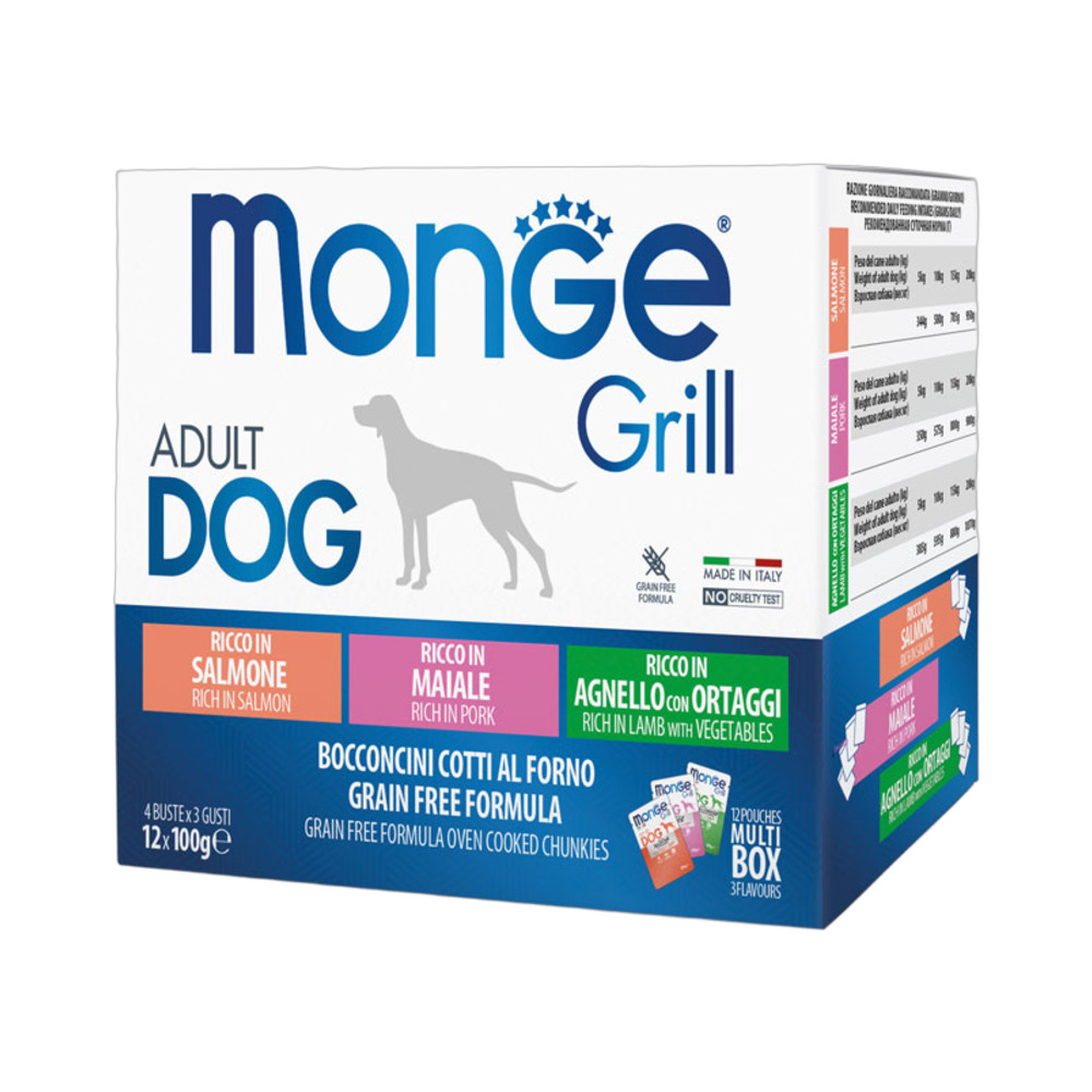 MONGE DOG Grill multipack ADULT Janjetina s povrćem, svinjetina, losos 12x100g