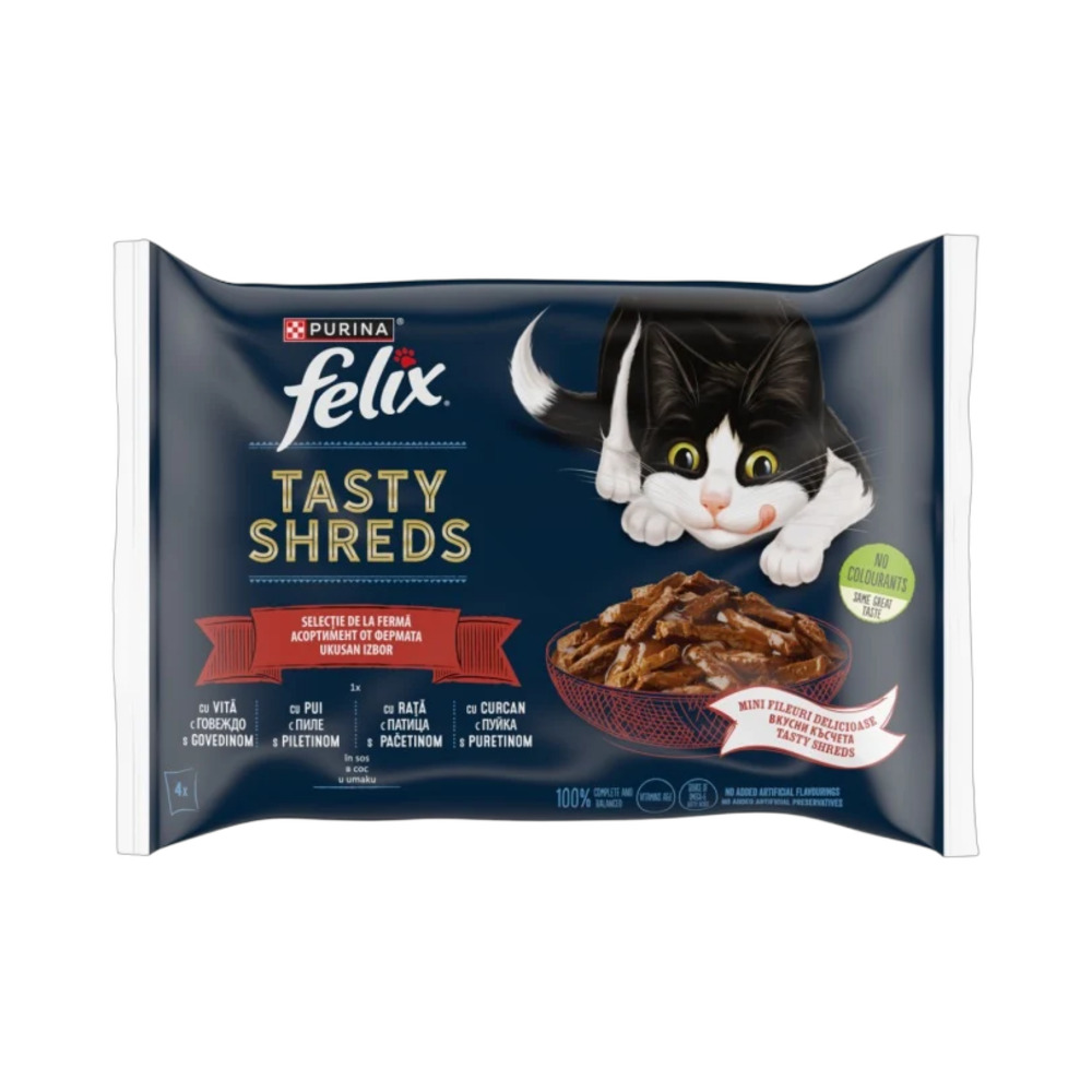 FELIX Tasty Shreds s govedinom, piletinom, patkom i puretinom 4x80g