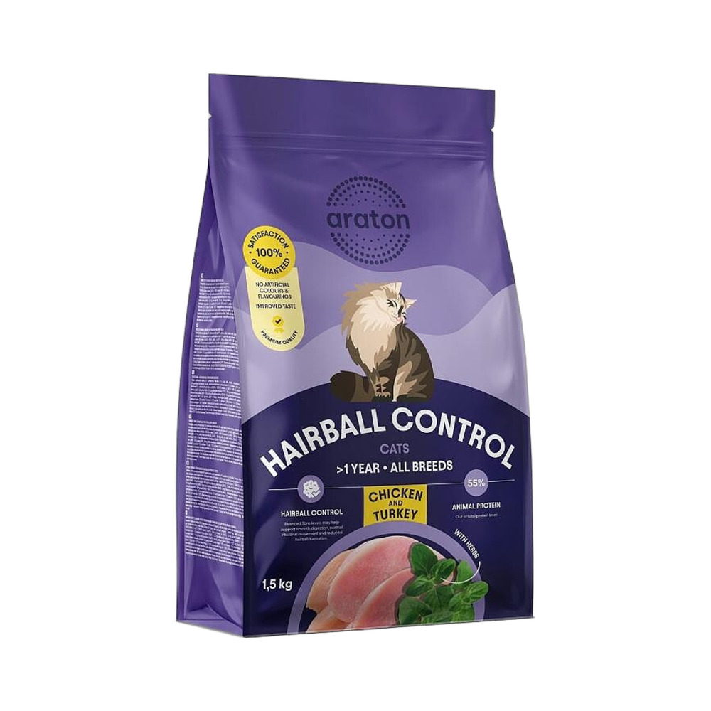 ARATON Cat Adult HAIRBALL piletina i puretina 1,5kg